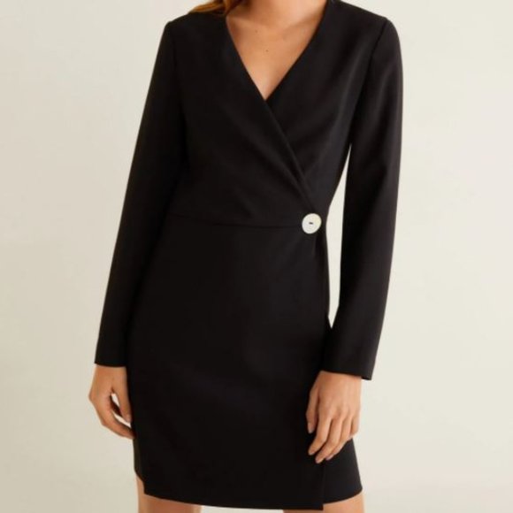 SOLD Black Mini Wrap Dress Small with Button - Picture 3 of 5
